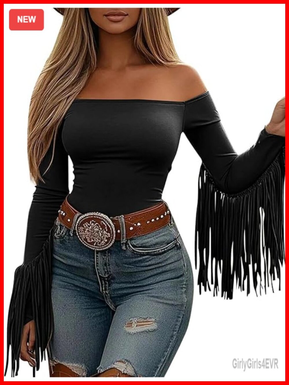 Women's Western Fringe Off Shoulder Crop Top Long Sleeve Stretchy Cowgirl Party